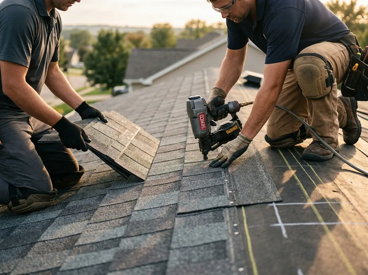 Professional roofer working on a residential roof in Valparaiso